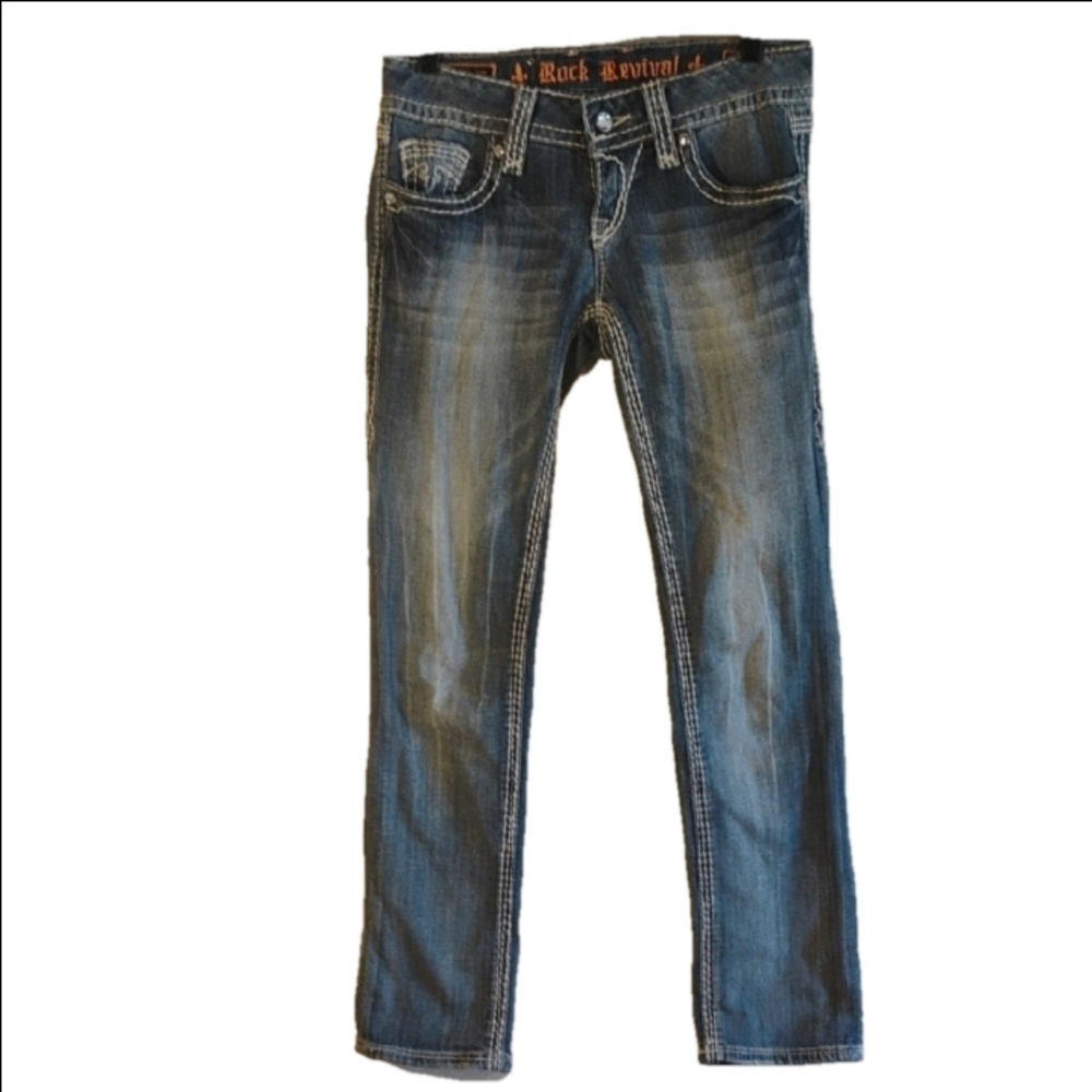 Rock Revival Blue Straight Leg Jeans  Distressing. Size 26.Alanis Capri